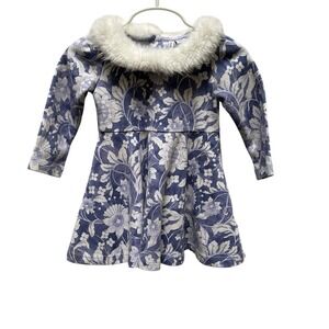 Janie and Jack Baby Girl Dress Floral Blue White Faux Fur Collar 12 to 18 Months